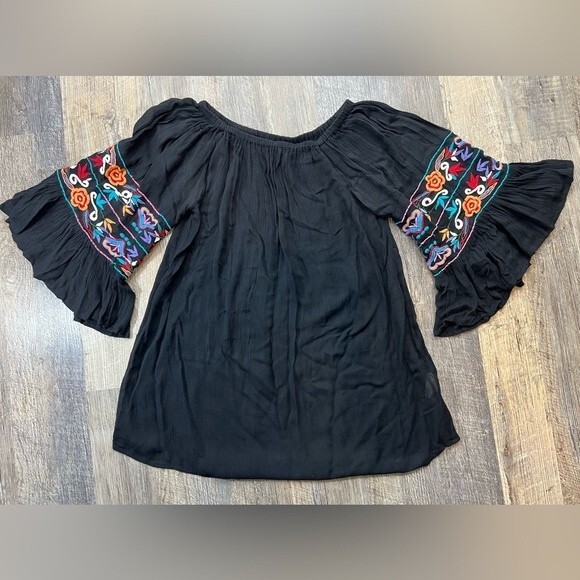 Avani del Amour Ruffle Embroidered Sleeves Boho Festival Tunic Top Blouse Small - Picture 1 of 10